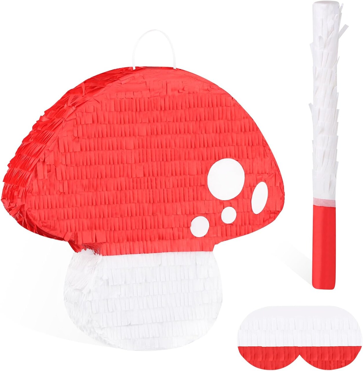 Mushroom Pinata with Stick and Blindfold 3D Red Mushroom Pinata for Kids Fairy Theme Birthday Party Decorations Forest Jungle Party Supplies Baby Shower Fantasy Decor